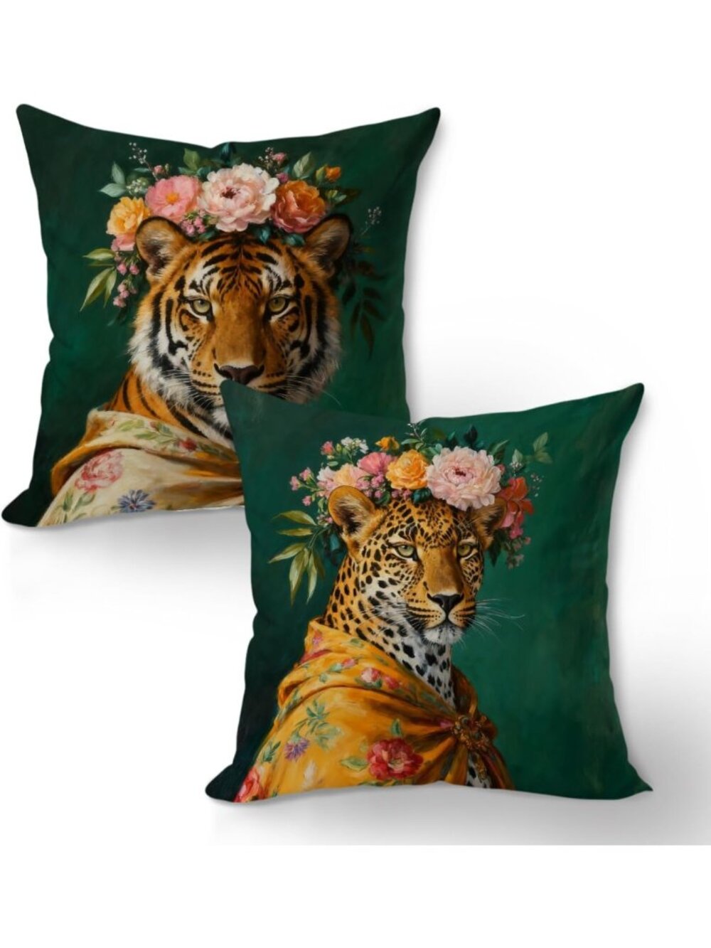 Funky Floral Leopard Tiger Portrait Pillow Covers 18x18, Eclectic Animal Decor